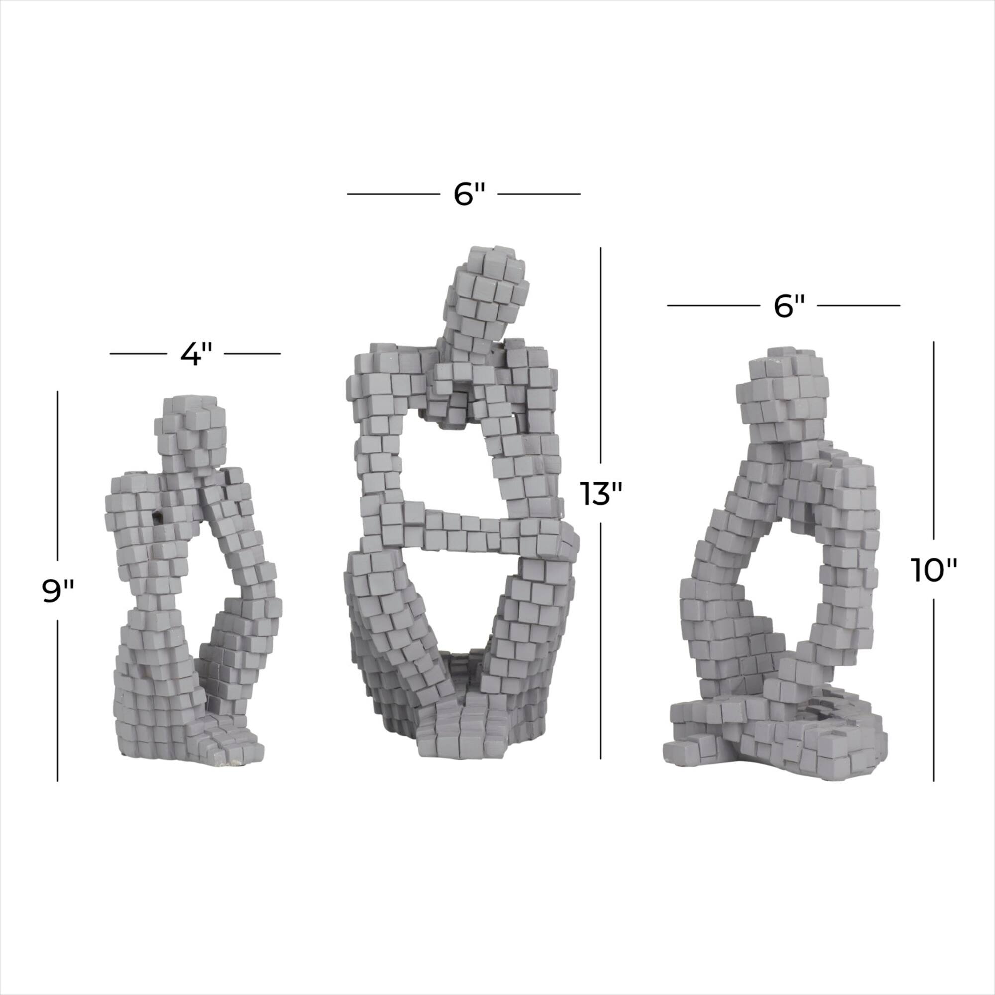 Set of 3 Grey Polystone Contemporary Sculptures, 13" x 6" x 6"